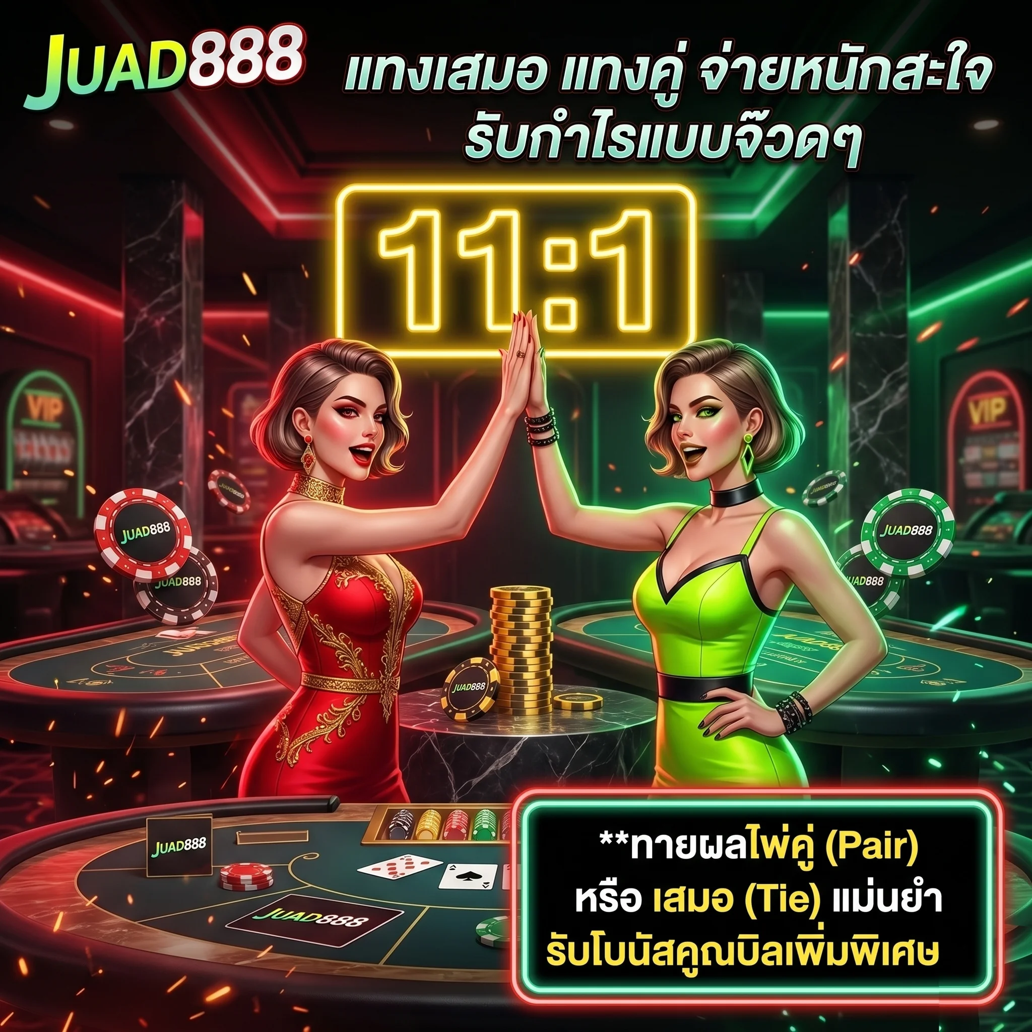 แทงบาคาร่าออนไลน์ ลุ้นไพ่คู่ ไพ่เสมอ จ่ายหนัก จ่ายจริงชัวร์ 100% ที่ JUAD888 Baccarat