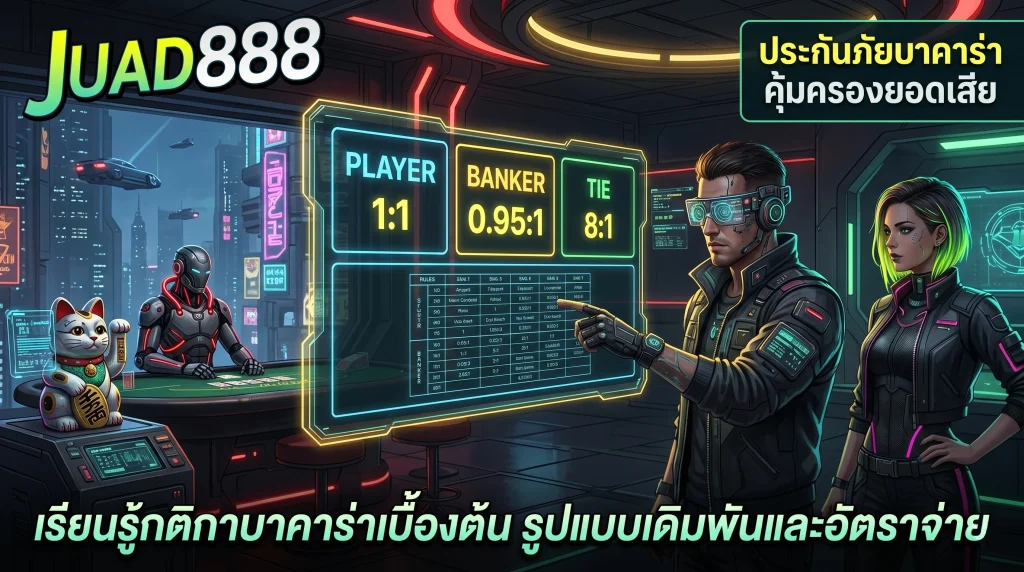 ตัวละครชายกำลังดูสรุปกติกาบาคาร่าเบื้องต้น และรูปแบบการวางเดิมพัน
